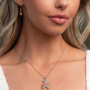 NWT Twinkling Red/Silver Teddy Bear Necklace & Earrings Set